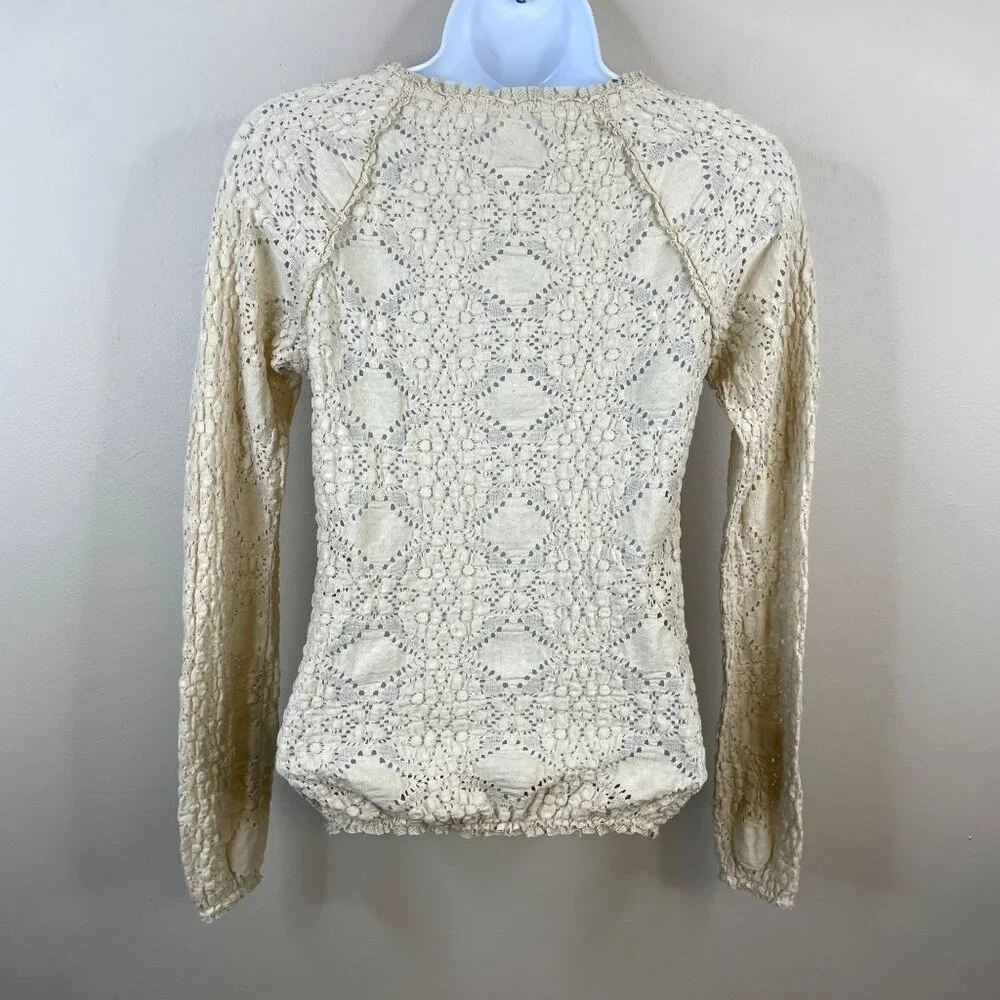 Free‎ People Womens Crochet Lace Boho Top Size S Ivory Long Sleeve Cowgirl Comfy